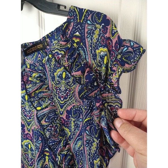 Reborn Blue Semi Sheer Paisley Plunge Ruffle Cap Sleeve Dress. Size XL - Picture 4 of 11